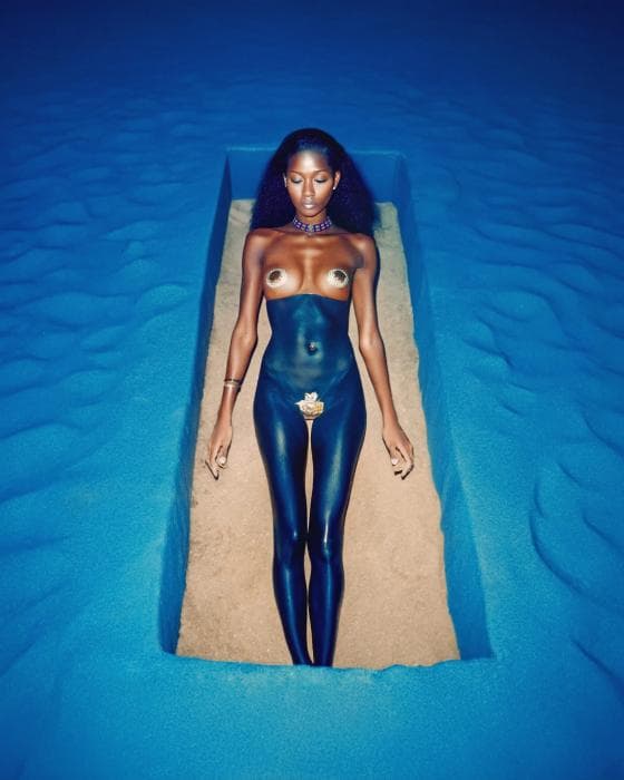 A person lies in a rectangular pit filled with sand, surrounded by vivid blue ground. Their body is painted metallic black with gold coverings on their chest and a gold lotus design at the pelvis. They wear a blue necklace and bracelet, with long black hair fanned out.