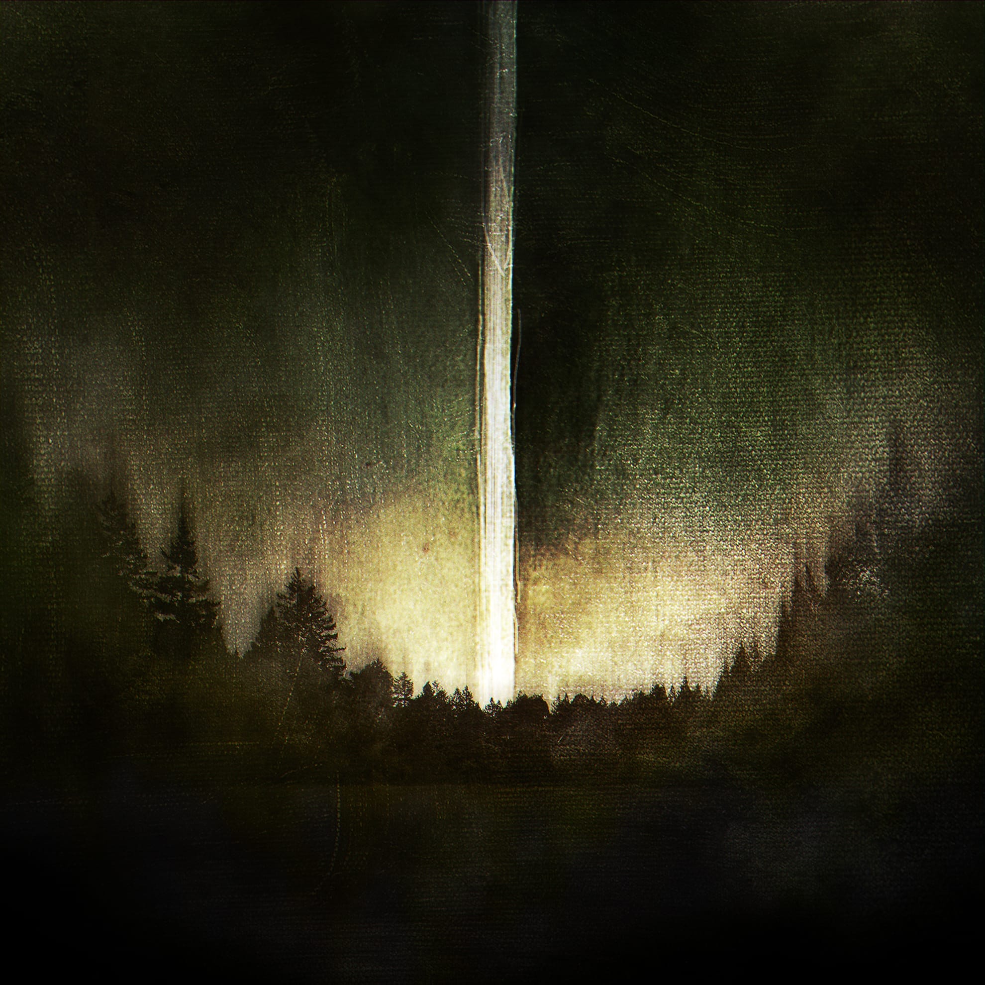 A bright, vertical beam of light pierces through a dark, misty forest. Tall trees are silhouetted against the light, and the overall atmosphere is mysterious and ethereal, with a slight glow illuminating the foggy surroundings. The scene evokes a sense of intrigue and otherworldliness as if in a surreal fire search for lost secrets.
