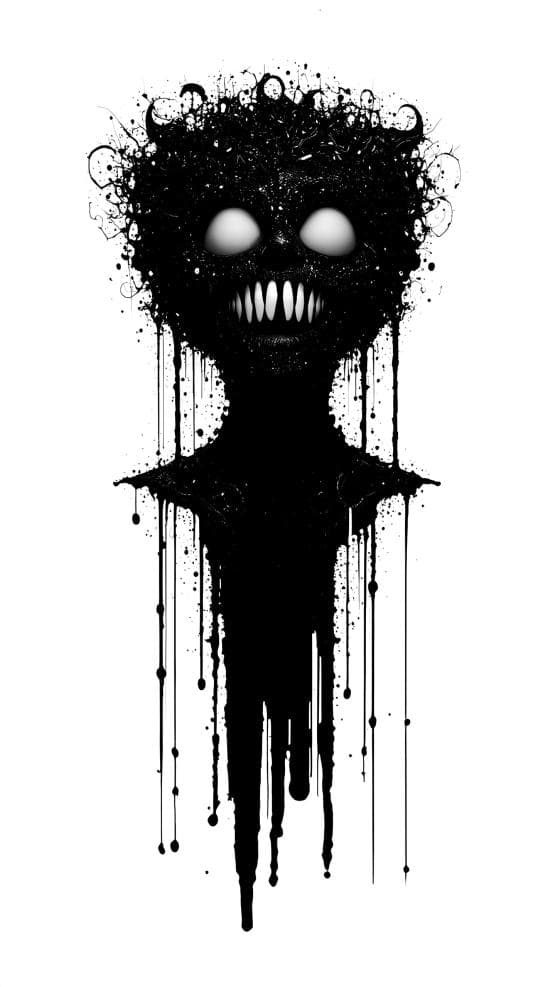 A creepy silhouette resembling a human figure with glowing white eyes and sharp, pointed teeth. The edges of the silhouette are irregular and dripping, giving a melting or ink-splatter effect against a plain white background.