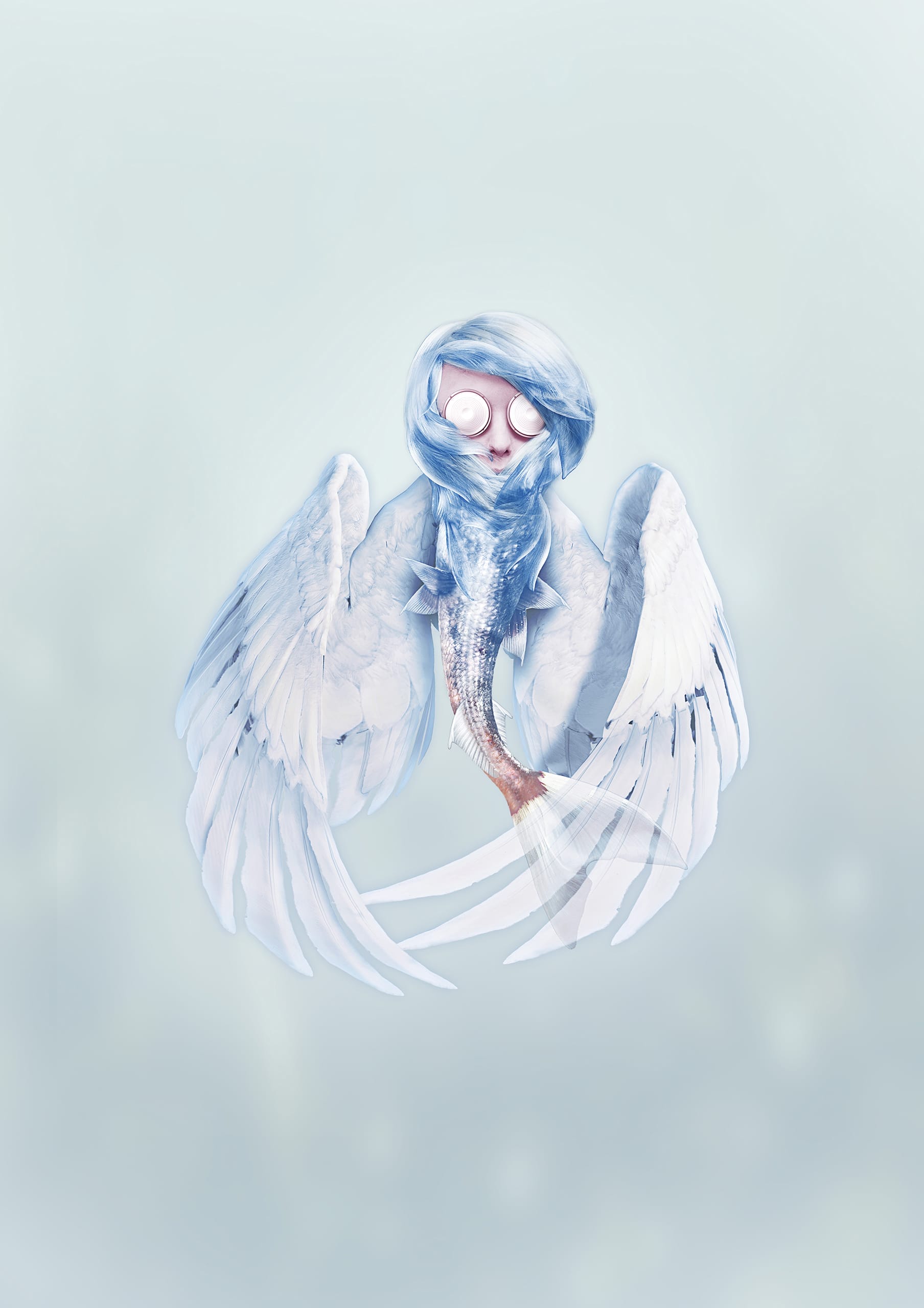 A mystical creature with a human face emerges from a fish body, adorned with large, delicate wings. Its eyes are closed, and its hair flows seamlessly into the blue and white feathers. The soft, pastel background enhances its ethereal presence.