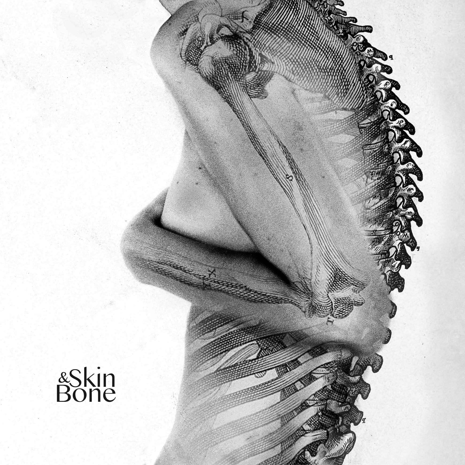 A digitally manipulated image fuses a person's side profile with an anatomical illustration of a human spine. The spine's vertebrae overlay the skin on the person's back, creating a visual blend of human skin and skeletal structure. The text "&Skin Bone" is written in the bottom-left corner.