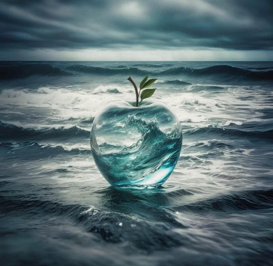 A transparent apple with ocean waves inside stands on the surface of a turbulent sea under a cloudy sky. Green leaves are attached to the apple's stem. The combination creates a surreal and fantastical image of nature converging with an apple-shaped object.