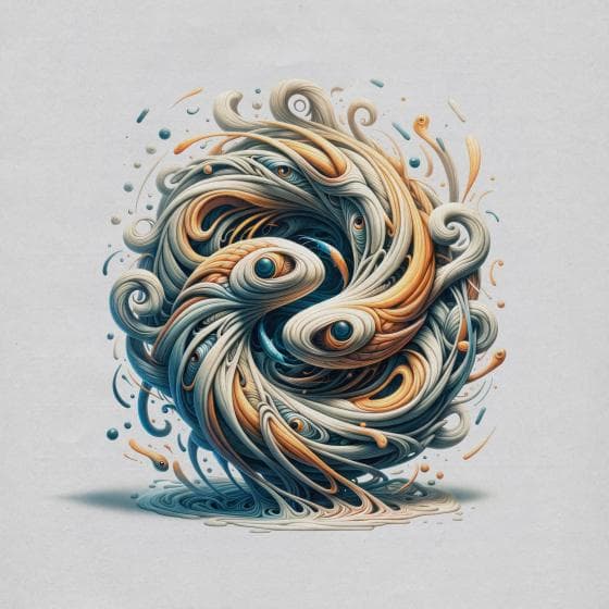 A vibrant abstract swirl composed of fluid, ribbon-like waves in shades of orange, beige, and blue. The intricate, layered design creates a dynamic, three-dimensional effect against a light gray background, with strands extending outward, suggesting motion and energy.