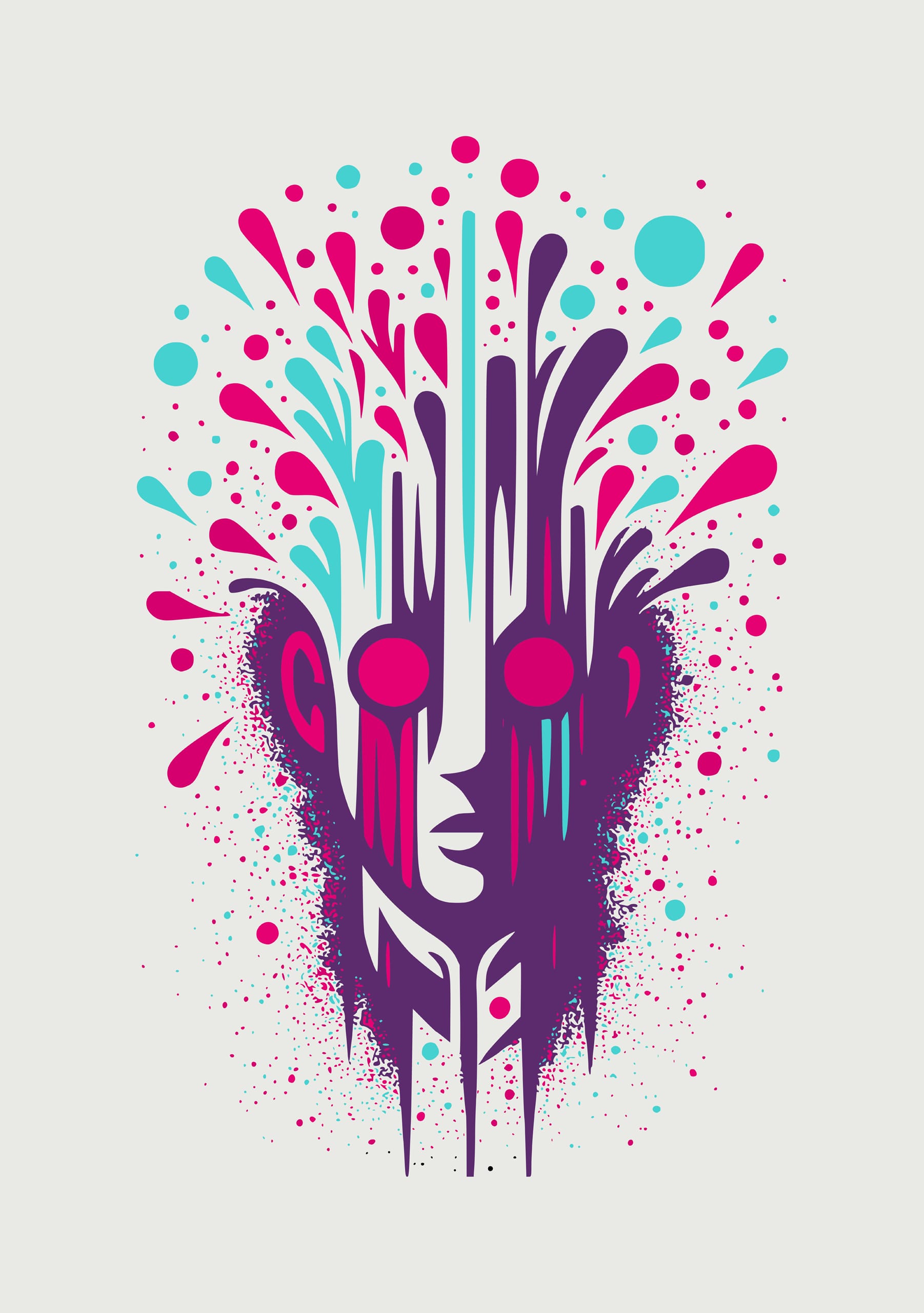 Abstract artwork of a face with a mix of pink, purple, and teal splashes. The design creates a mask-like appearance with vibrant colors radiating outward. The face features red circular eyes, and dynamic patterns give it an energetic and surreal feel.