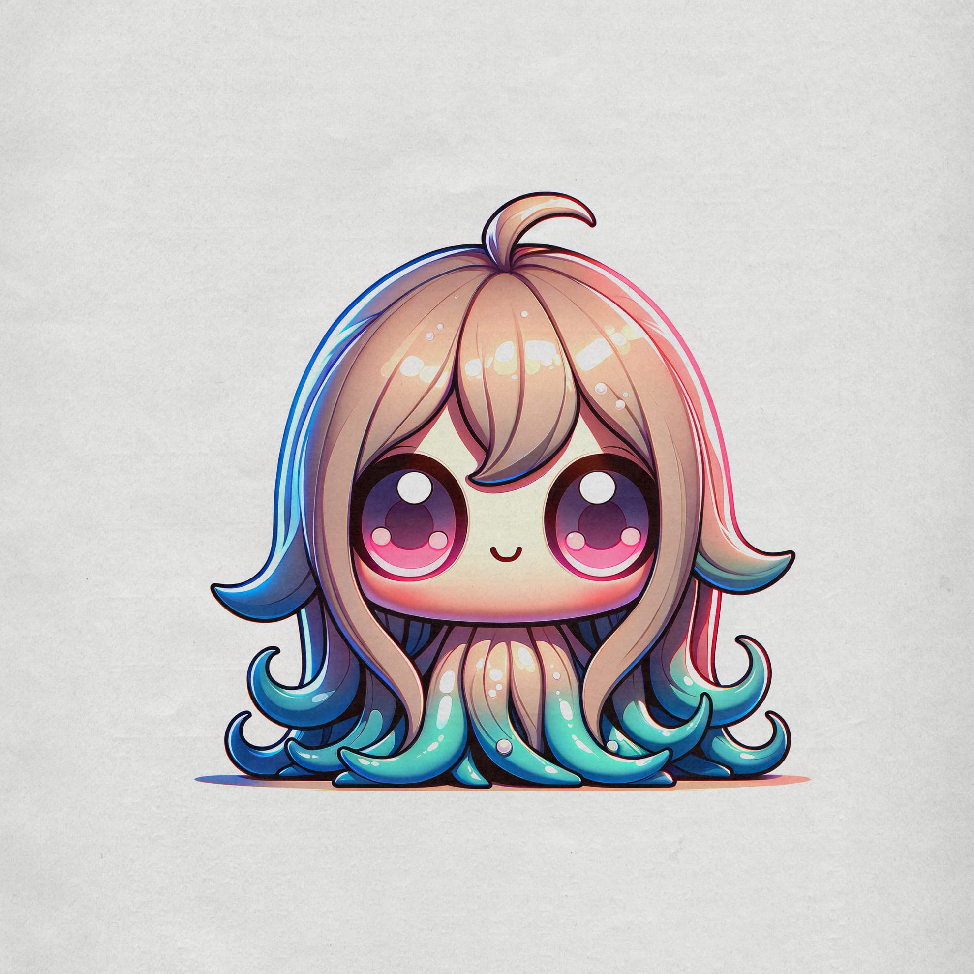 Chibi-style illustration of a cute character with large eyes and a smiling face. The character has long, flowing hair that transitions from brown at the top to aqua at the tips, resembling octopus tentacles. The hair is highlighted with soft blues and pinks, on a light gray background.