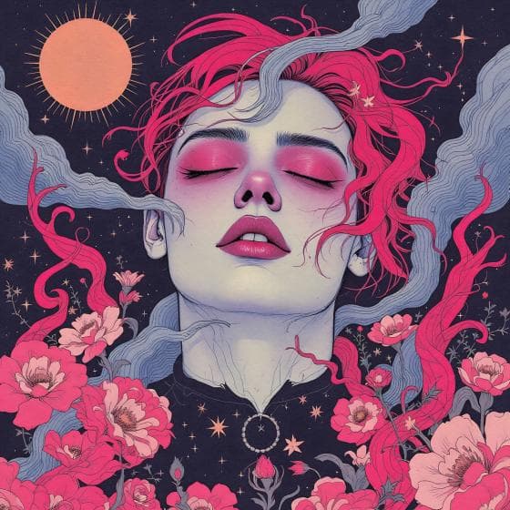 Surreal artwork of a person with closed eyes and vivid pink hair blending into surrounding floral and smoky elements. Stars and a sun adorn the dark background, creating a dreamlike, cosmic atmosphere. The person has pink eyeshadow and lipstick, exuding tranquility.