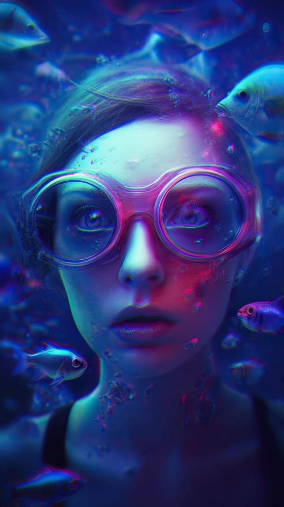A surreal image of a woman underwater wearing large, round goggles. Neon-lit fish swim around her in a dark, blue and purple-hued environment. The woman's expression is calm and focused, with bubbles rising around her face, creating an ethereal and dreamlike atmosphere.