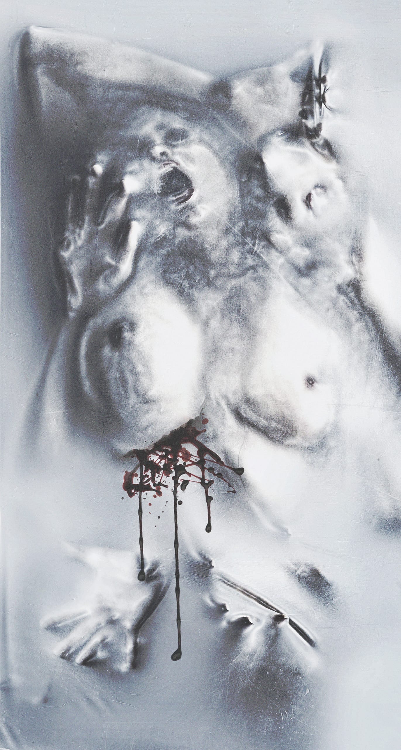 A person appears trapped underneath a taut, translucent surface, creating distorted and ghostly impressions of their face, torso, and hands. Blood or a dark liquid seeps through the surface near their chest, adding a dramatic and eerie effect to the image—a suffocating yoke of spectral despair.