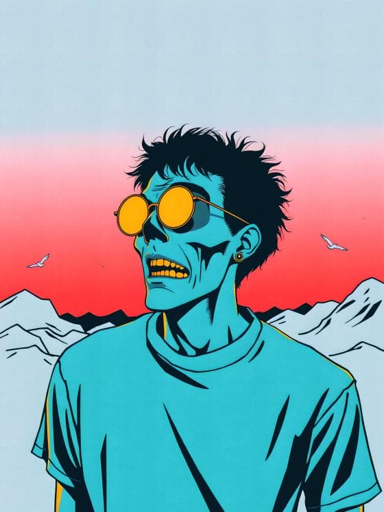A stylized illustration features a skeletal figure wearing round sunglasses against a vivid backdrop. The sky transitions from bright orange to pink, contrasting with jagged mountain silhouettes. The figure, in a casual t-shirt, has a bold blue hue, and birds fly in the distance.