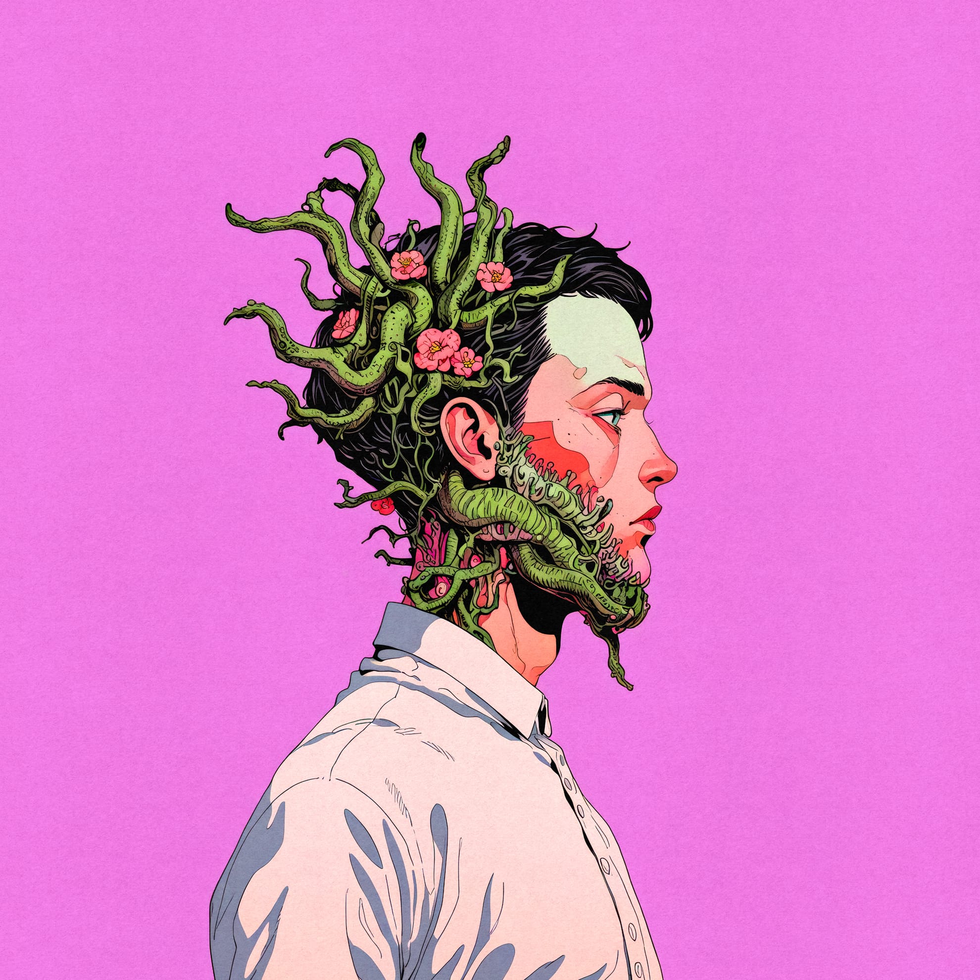 A man in profile view with plants and flowers growing from his face and head, blending seamlessly with his features. He's wearing a white shirt against a bright pink background, creating a surreal, artistic effect. The plant tendrils and pink flowers add a dynamic, organic element.