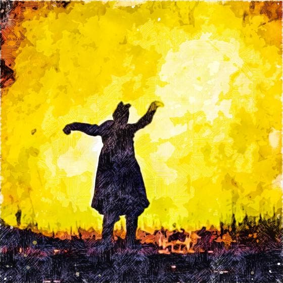 A silhouette of a person joyfully dancing with arms raised against a vibrant yellow and orange backdrop. The textured foreground suggests grass or natural terrain. The scene conveys a sense of freedom and exuberance, with dynamic strokes enhancing the lively atmosphere.