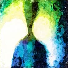 Abstract painting with vibrant colors and fluid shapes. Dominant hues of green, yellow, blue, and white blend in a symmetrical design. The center features a light, glowing area that contrasts with darker, textured surroundings, creating a dynamic, organic flow reminiscent of nature.