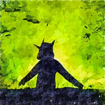 Silhouette of a horned creature with arms outstretched, set against a vivid green and yellow abstract background resembling a watercolor texture. The figure stands on a dark foreground, adding contrast to the bright backdrop.