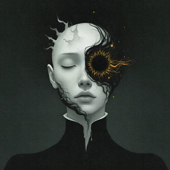 A surreal portrait of a person with eyes closed. The left side of the face is smooth and pale, while the right features a swirling black and gold pattern resembling a galaxy or vortex. The background is dark, and the figure wears a high-collared, black garment.