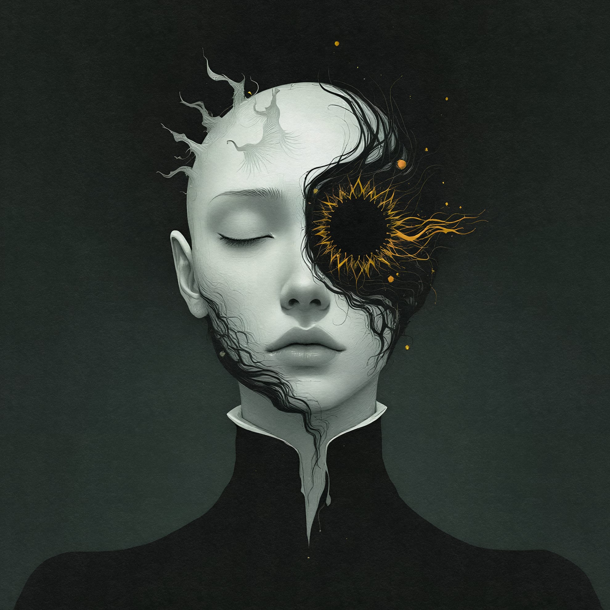 A surreal portrait of a person with eyes closed. The left side of the face is smooth and pale, while the right features a swirling black and gold pattern resembling a galaxy or vortex. The background is dark, and the figure wears a high-collared, black garment.