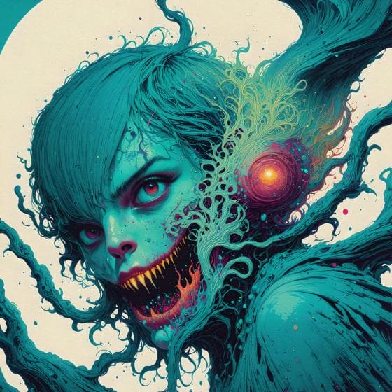 A surreal artistic depiction of a person with teal skin and hair, featuring elongated, flowing tendrils. The exaggerated wide mouth shows sharp, yellow teeth. A glowing orb emits swirling energy from the back of the head. The background is a contrasting pale color.