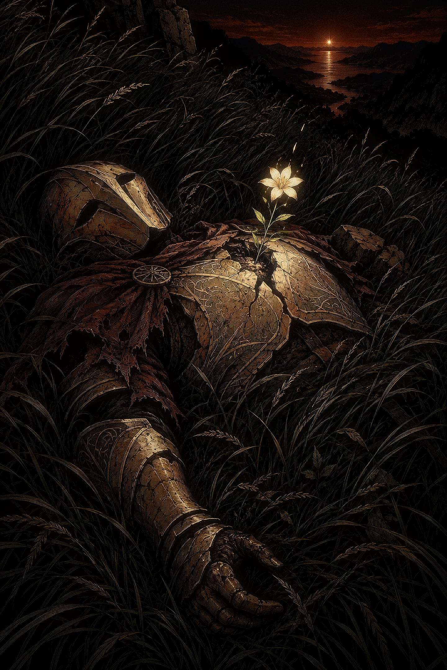 A fallen knight lies in tall grass beside a glowing white flower, with distant light across the water.