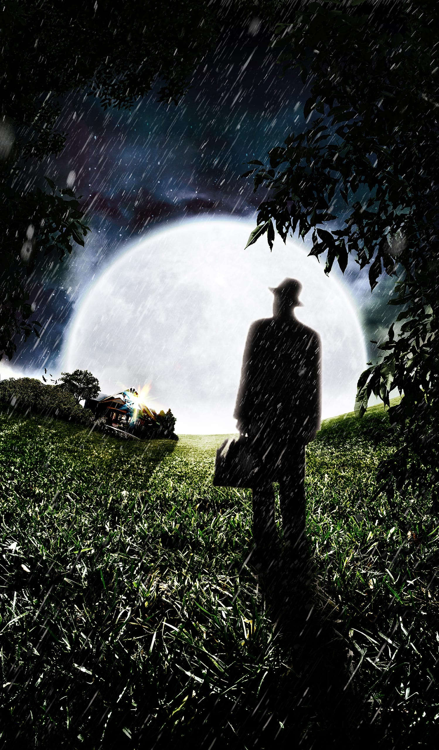 A silhouetted figure carrying a briefcase stands in a grassy field, looking towards a large, luminous full moon. The scene, as if from "The Little Observer," is framed by dark trees with rain falling heavily. In the distance, a small, illuminated house is visible on the left side under the night sky.