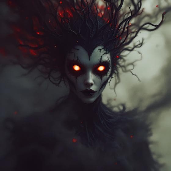 A mysterious, dark figure with glowing orange eyes and an intricate, branching crown resembling tree branches. The background is misty, with swirls of shadow and faint embers floating around. The figure's expression is intense and enigmatic, with an aura of supernatural energy.