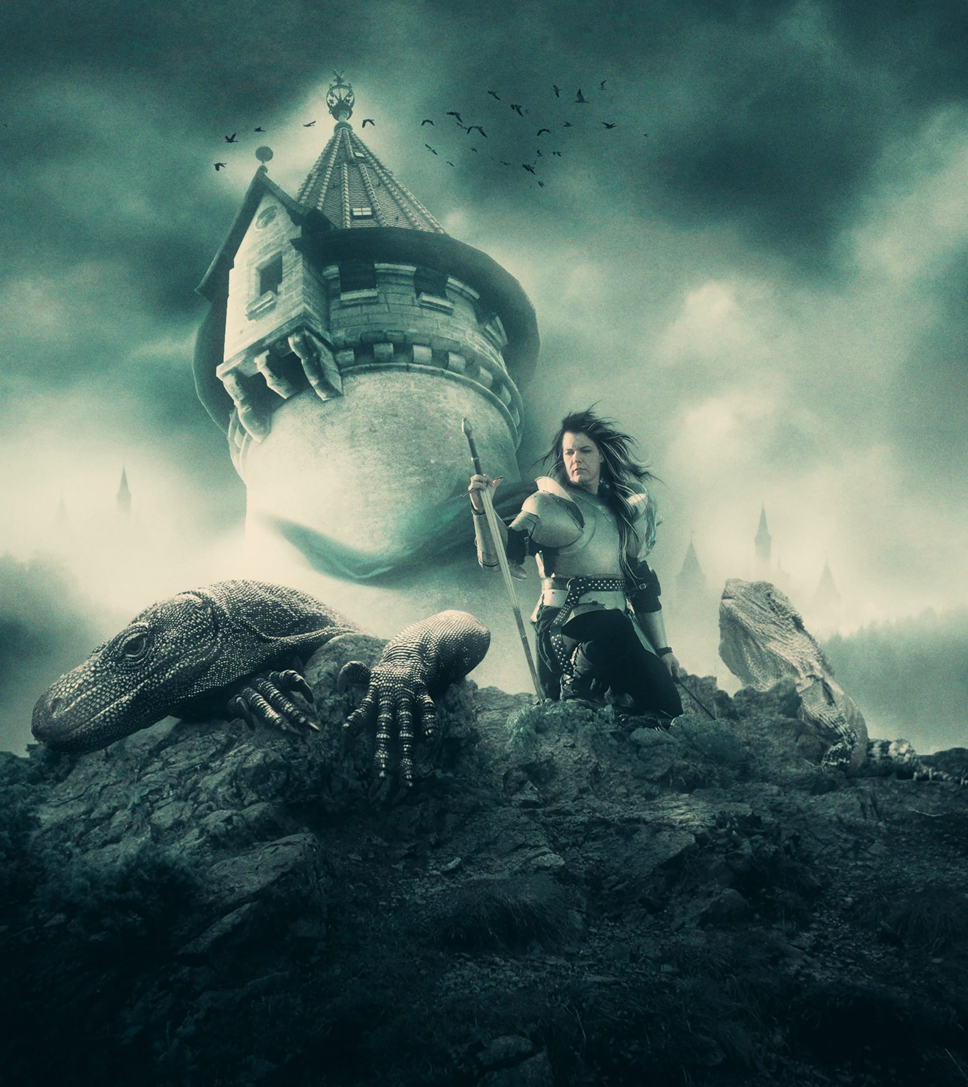 A warrior in armor, kneeling on a rocky cliff, holds a sword. Beside them are two large reptiles resembling dragons. In the background, an ancient gothic tower looms tall. The dark clouds and circling birds create a mysterious and ominous atmosphere reminiscent of The Night's Watch mythology.