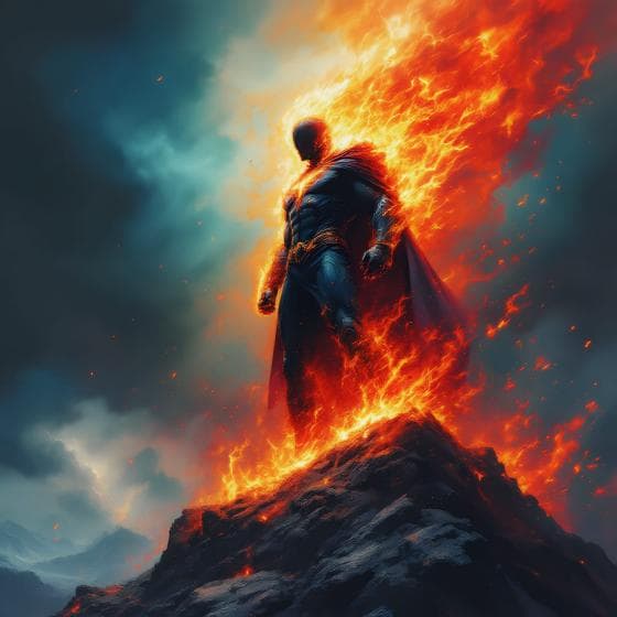 A powerful superhero stands on a rocky peak, engulfed in fierce, blazing flames. The figure is silhouetted against the fiery aura, wearing a dark suit and a flowing cape. The background is dramatic, with thick, swirling clouds adding intensity to the scene.