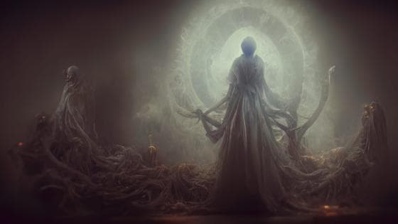 A ghostly, hooded shepherd leads whispering shadows before a glowing circular portal, surrounded by other eerie, shrouded figures. The setting is misty and dark, with ethereal, flowing garments creating an unsettling, supernatural atmosphere.