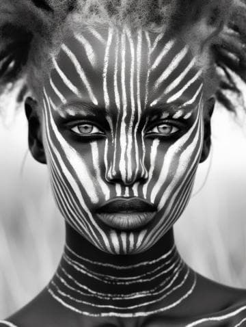 A person with intricate white line patterns painted on their dark skin. The lines radiate symmetrically from the nose across the face and continue down the neck. Their hair is styled in textured sections. The background is softly blurred, drawing focus to the detailed face art.