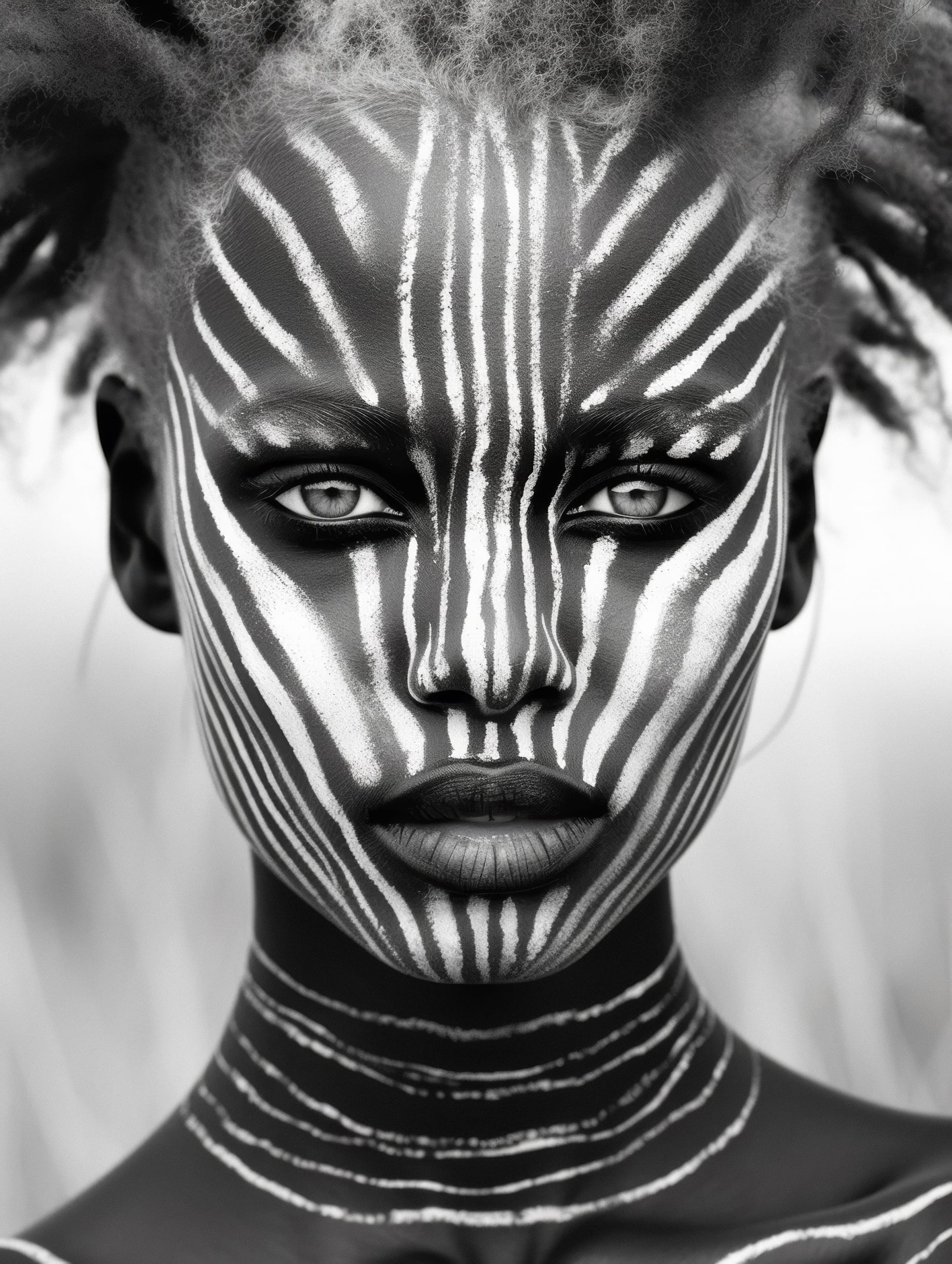 A person with intricate white line patterns painted on their dark skin. The lines radiate symmetrically from the nose across the face and continue down the neck. Their hair is styled in textured sections. The background is softly blurred, drawing focus to the detailed face art.