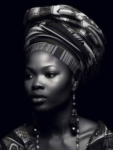 A monochrome portrait of a woman with a confident expression, wearing a patterned headwrap and earrings. Her attire features detailed patterns, and she is set against a black background, highlighting the textures and intricate design of her clothing and accessories.
