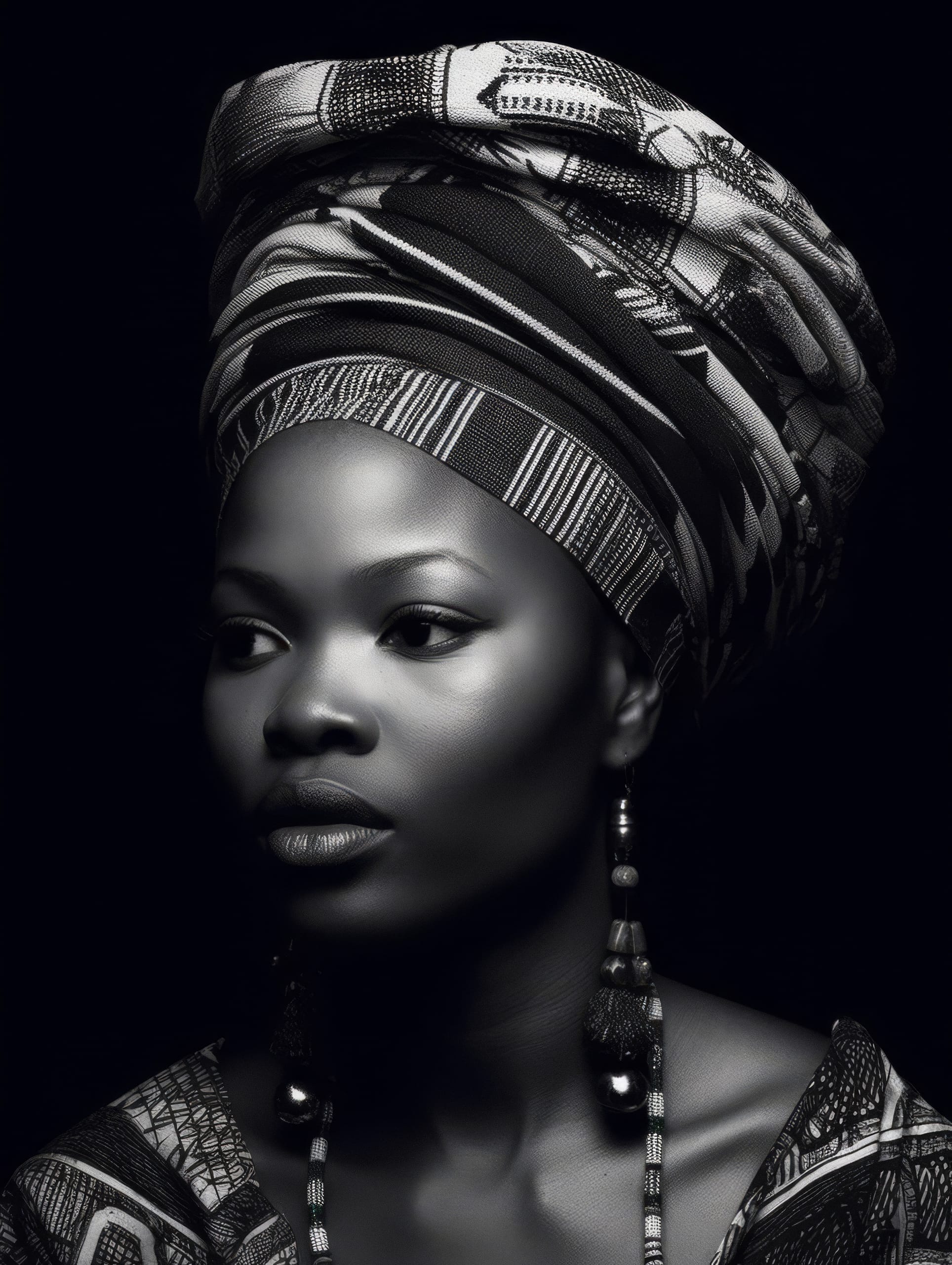 A monochrome portrait of a woman with a confident expression, wearing a patterned headwrap and earrings. Her attire features detailed patterns, and she is set against a black background, highlighting the textures and intricate design of her clothing and accessories.