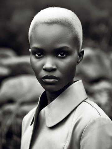 A monochrome portrait of a person with a short, light-colored hairstyle, wearing a collared coat. The background is softly blurred, highlighting the person's expression and features. The style is classic and timeless, capturing a serene and introspective mood.