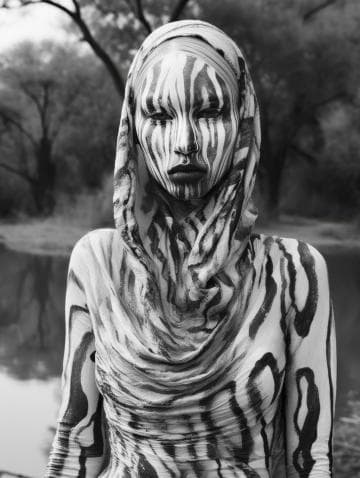 A person stands outdoors, covered in black-and-white striped body paint, reminiscent of a zebra pattern. Their face and clothing are fully painted, blending seamlessly with the surroundings. The background features blurred trees and a body of water, creating a serene, natural setting.