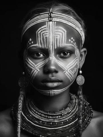 Black and white portrait of a person with intricate face paint covering the forehead, cheeks, and chin. They wear layered beaded necklaces and large earrings. Their hair is styled with braids, and they have a calm, direct gaze. The background is dark, emphasizing the face and accessories.