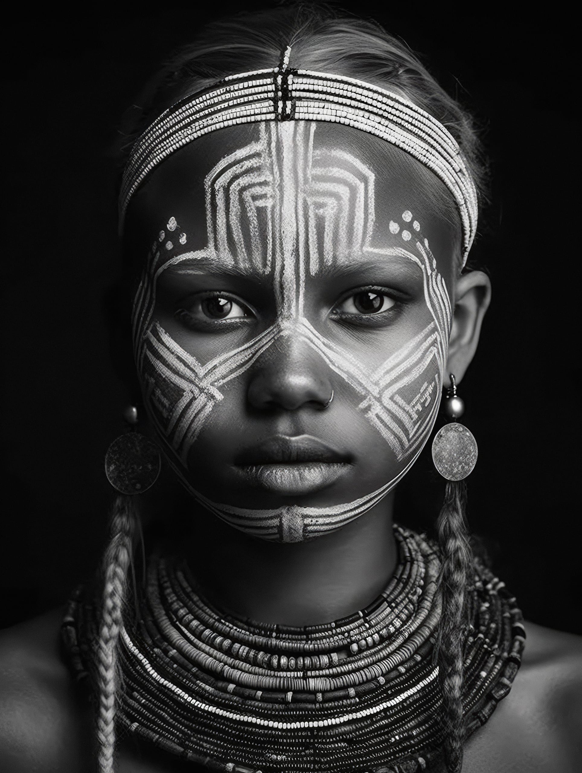 Black and white portrait of a person with intricate face paint covering the forehead, cheeks, and chin. They wear layered beaded necklaces and large earrings. Their hair is styled with braids, and they have a calm, direct gaze. The background is dark, emphasizing the face and accessories.