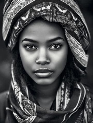 A black-and-white portrait of a person with a solemn expression. They wear an intricately patterned headscarf and have textured hair. Their gaze is direct, and they have a nose ring. The background is blurred, emphasizing their detailed facial features and the fabric pattern.