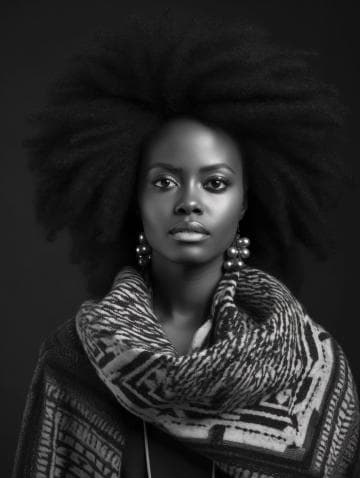 A black and white portrait of a woman with voluminous natural hair. She wears large hoop earrings and is draped in a patterned fabric. Her expression is calm and confident, and the lighting highlights her facial features against the dark background.