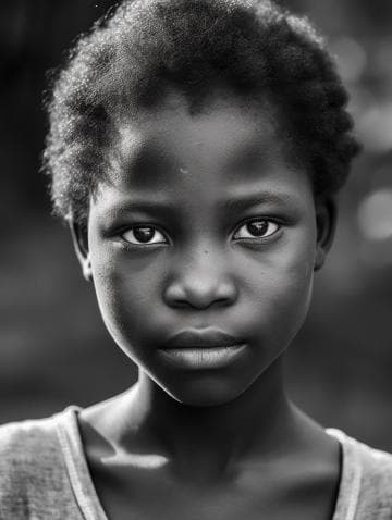 A close-up black and white portrait of a young person with short, curly hair, looking directly at the camera with a neutral expression. The background is softly blurred, highlighting their face. They wear a simple, light-colored shirt. The lighting accentuates their features.