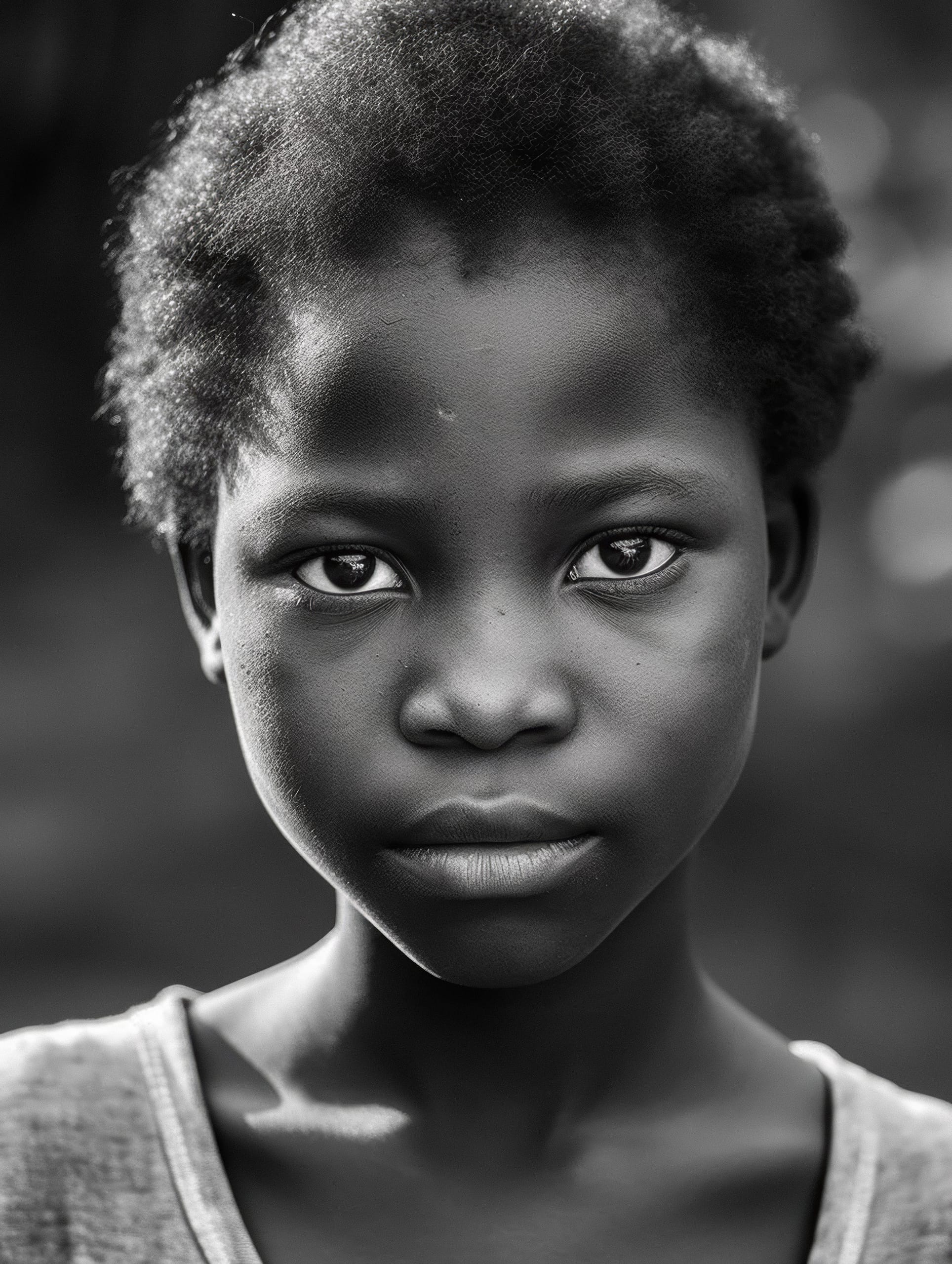 A close-up black and white portrait of a young person with short, curly hair, looking directly at the camera with a neutral expression. The background is softly blurred, highlighting their face. They wear a simple, light-colored shirt. The lighting accentuates their features.