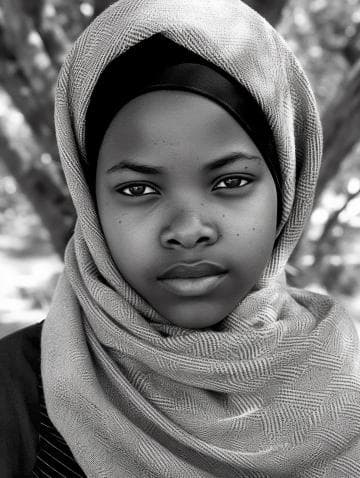 A black and white portrait of a person wearing a patterned headscarf, draped elegantly over their head and shoulders. Their expression is calm and composed, with a soft-focus background of trees and sunlight, creating a serene atmosphere.