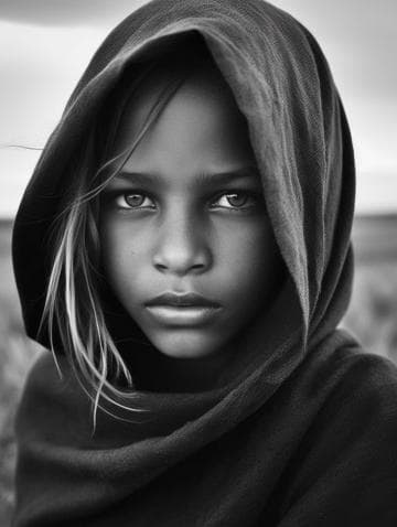 Black and white image of a young person with long hair, gazing intently at the camera. They are wearing a hooded garment, framing their face. The background is blurred, focusing attention on their contemplative expression.