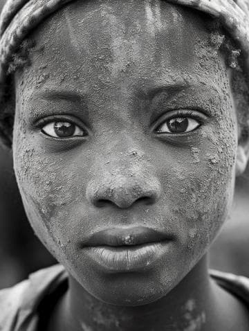 Close-up black and white photo of a person with an intense gaze. The face is covered in a textured layer of dust or dirt. The eyes are expressive, lips slightly parted, and a headwrap is partially visible. The image conveys a sense of strength and resilience.