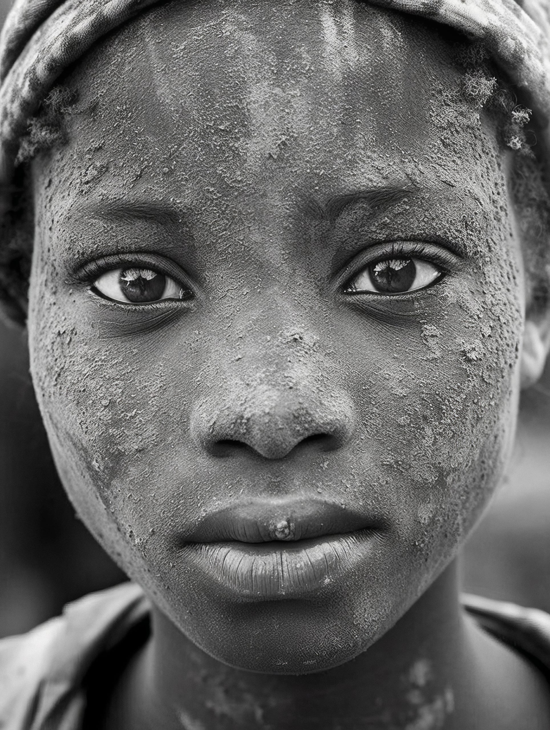 Close-up black and white photo of a person with an intense gaze. The face is covered in a textured layer of dust or dirt. The eyes are expressive, lips slightly parted, and a headwrap is partially visible. The image conveys a sense of strength and resilience.