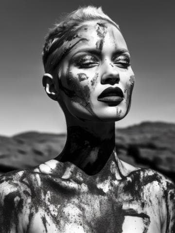A black and white photo of a person with short hair, eyes closed, and head slightly tilted back. Their face and upper body are artistically covered in dark, paint-like streaks. The background features blurred, out-of-focus hills. The lighting creates strong contrasts and shadows.