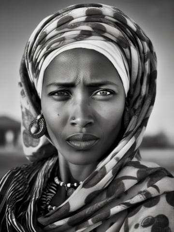 A black-and-white portrait of a woman wearing a patterned headscarf, hoop earrings, and a beaded necklace. She gazes intently at the camera, with a neutral expression. The background is softly blurred, emphasizing her strong features and detailed attire.