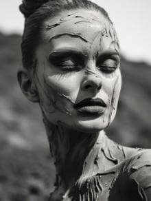 Black and white portrait of a person with closed eyes, their face and neck covered in textured, cracked clay. The background is out of focus, highlighting the sculptural, artistic effect of the clay patterns on their skin, giving an earthy, natural look. Hair is tied in a bun.