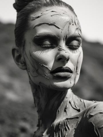 Black and white portrait of a person with closed eyes, their face and neck covered in textured, cracked clay. The background is out of focus, highlighting the sculptural, artistic effect of the clay patterns on their skin, giving an earthy, natural look. Hair is tied in a bun.
