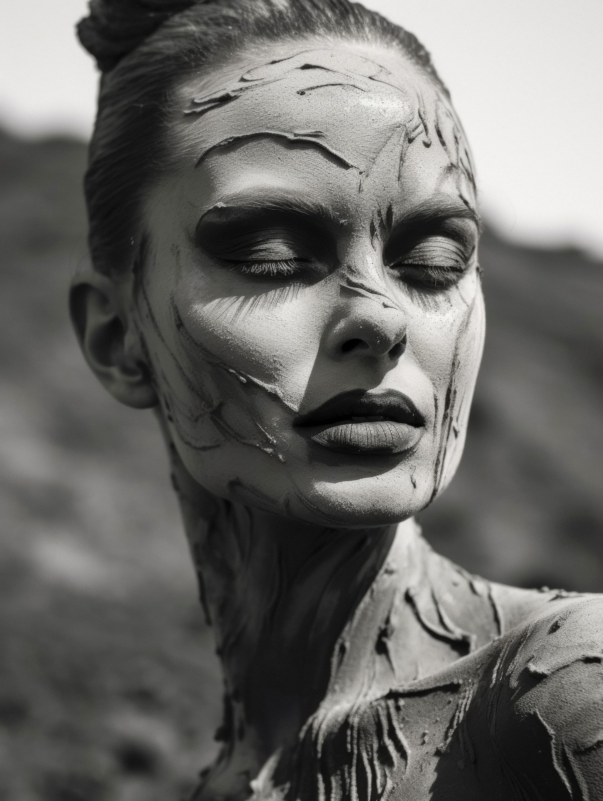 Black and white portrait of a person with closed eyes, their face and neck covered in textured, cracked clay. The background is out of focus, highlighting the sculptural, artistic effect of the clay patterns on their skin, giving an earthy, natural look. Hair is tied in a bun.