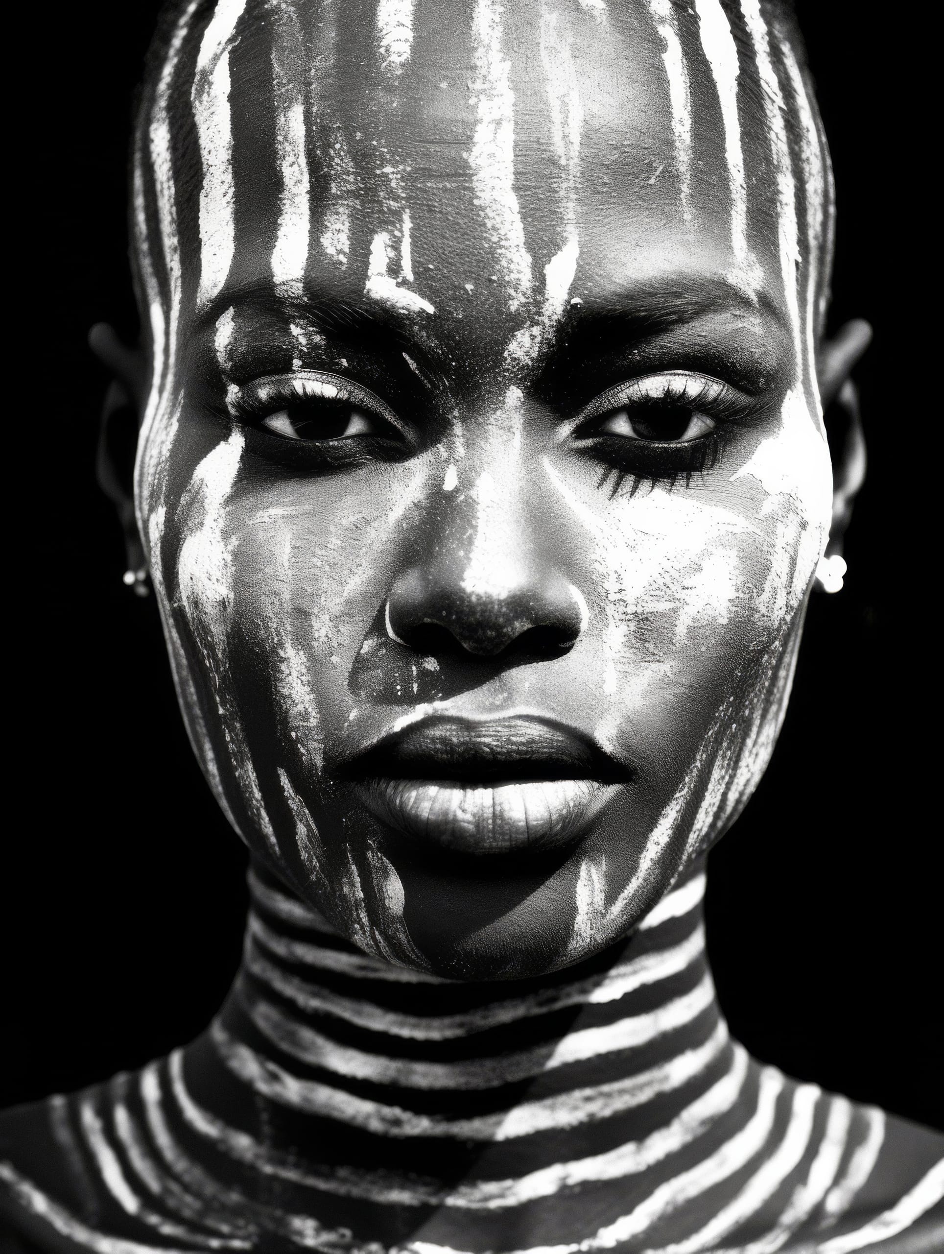 A grayscale portrait of a person with white tribal paint adorning their face and neck. The paint consists of vertical and horizontal stripes, creating a striking contrast against their dark skin. The expression is calm and the background is solid black, highlighting their features.