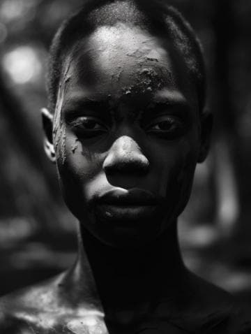 A black and white photograph of a person with short hair, their face and upper body partially covered in mud. The lighting creates strong shadows, highlighting their facial features and the texture of the mud. The background is blurred, emphasizing the subject's expression and presence.