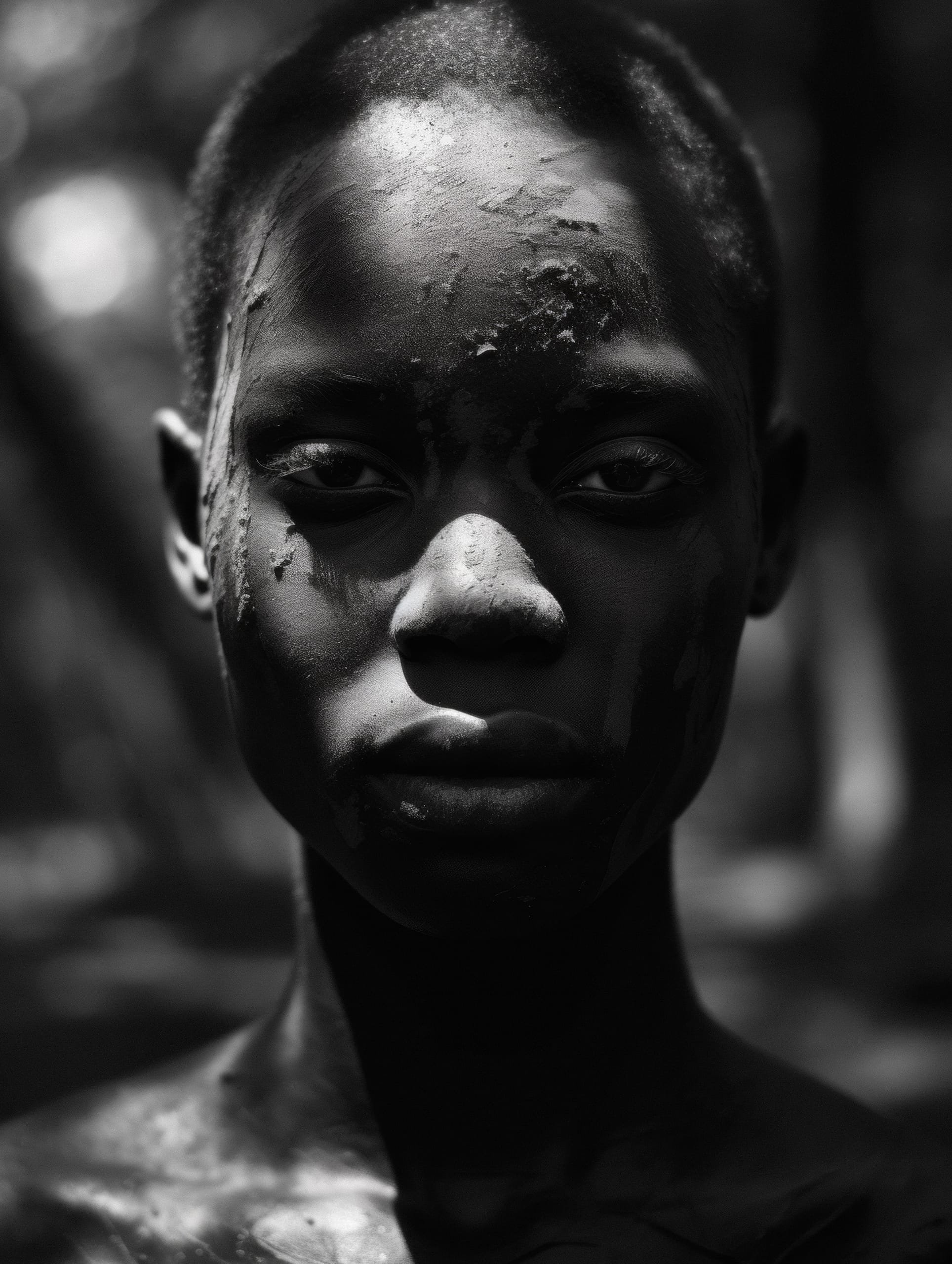 A black and white photograph of a person with short hair, their face and upper body partially covered in mud. The lighting creates strong shadows, highlighting their facial features and the texture of the mud. The background is blurred, emphasizing the subject's expression and presence.